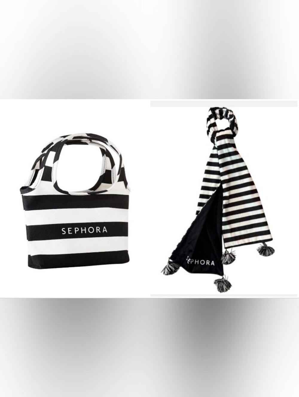 Sephora 2pc-"Limited Edition" Striped Logo Mini Tote Bag & Matching Scarf 🖤🤍